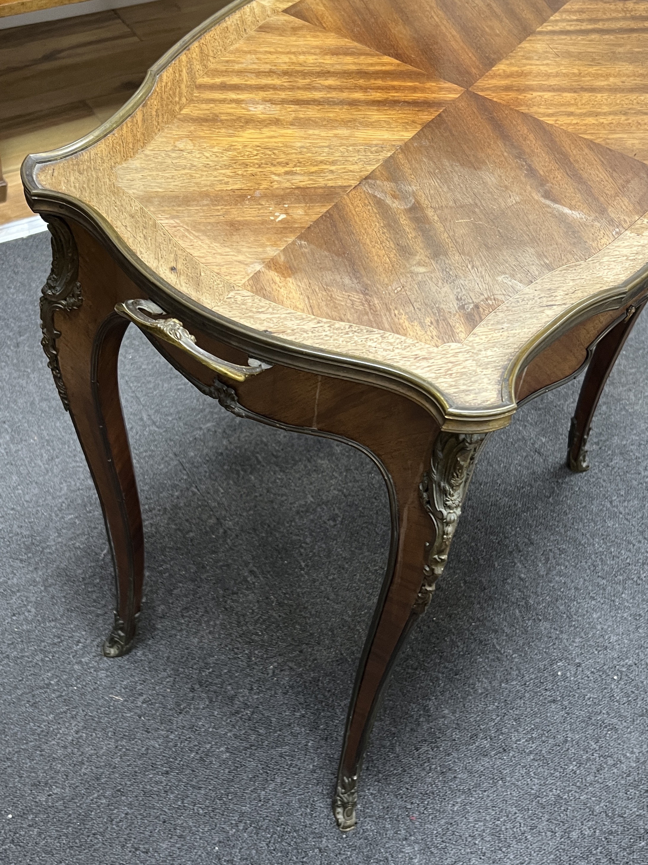 A French gilt metal mounted 'tray top' occasional table, width 79cm, depth 45cm, height 66cm